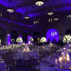 Battery powered pin spots on Centerpieces, purple LED uplighting and custom monogram on sheer fabric backdrop