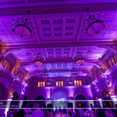 Custom monogram on fabric backdrop and LED uplighting  at Mpls Depot