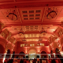 Custom monogram on fabric backdrop and LED uplighting  at Mpls Depot