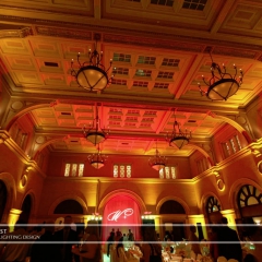 Custom monogram on fabric backdrop and LED uplighting  at Mpls Depot