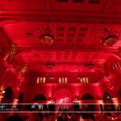 Custom monogram on fabric backdrop and LED uplighting  at Mpls Depot