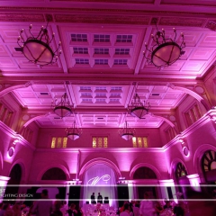 Custom monogram on fabric backdrop and LED uplighting  at Mpls Depot