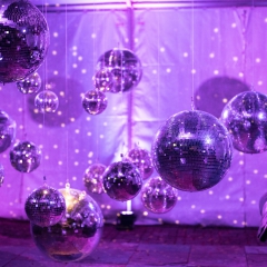 Mirror Ball installation in Navitrack Tent at Minneapolis Event Center for Bday party